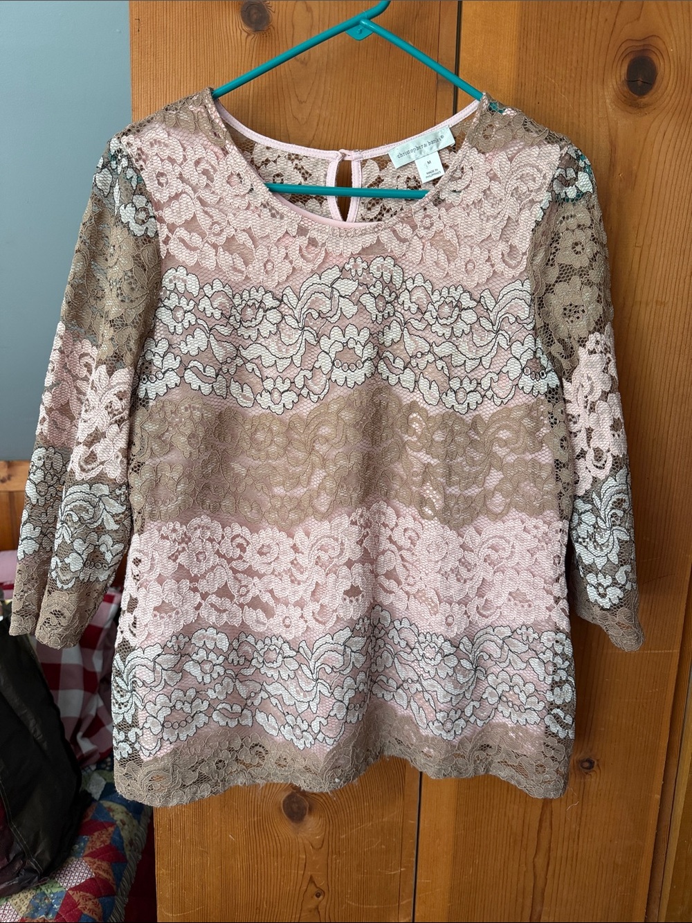Christopher & Banks Pink and Taupe Lace Overlay Blouse
